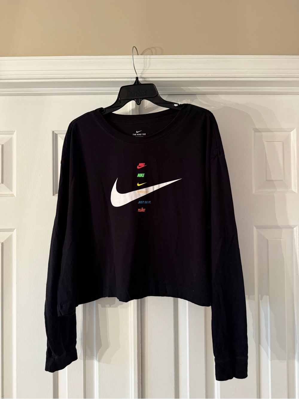 Nike Black Crop Tee with White Swoosh and Multicolor Logos